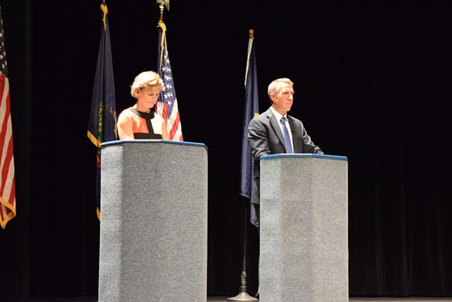 Democrat Sue Minter and Republican Phil Scott, candidates for governor, debate in Randolph on Monday. - TERRI HALLENBECK