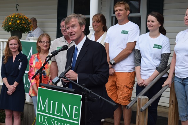 Republican Scott Milne speaks Saturday as he formally kicks off his campaign for U.S. Senate in the town of Washington. - TERRI HALLENBECK