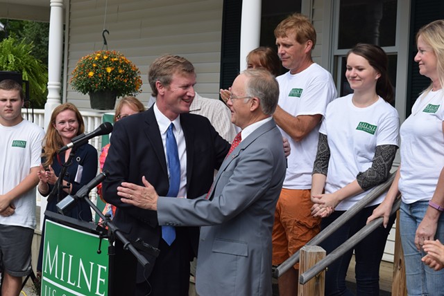 U.S. Senate candidate Scott Milne greets former governor Jim Douglas at his campaign kickoff Saturday. - TERRI HALLENBECK