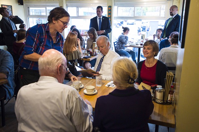 Vice President Joe Biden dines with Sue Minter and Patrick and Marcelle Leahy Friday morning at Penny Cluse Café. - POOL: GLENN RUSSELL/BURLINGTON FREE PRESS