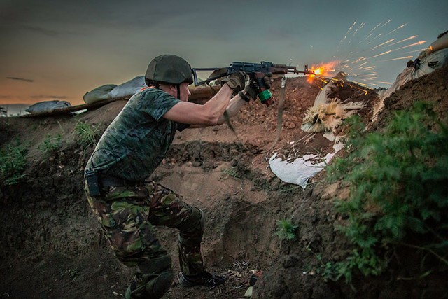 Trench War: Ukrainian Soldier engaged in battle with separatists, Shirokino, Volnovakhsky district, Donetsk region, Ukraine, 24 June 2015 - COURTESY OF DMITRI BELIAKOV