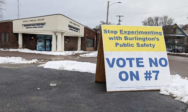 A "Vote No" sign near Burlington police headquarters - FILE: COURTNEY LAMDIN ©️ SEVEN DAYS