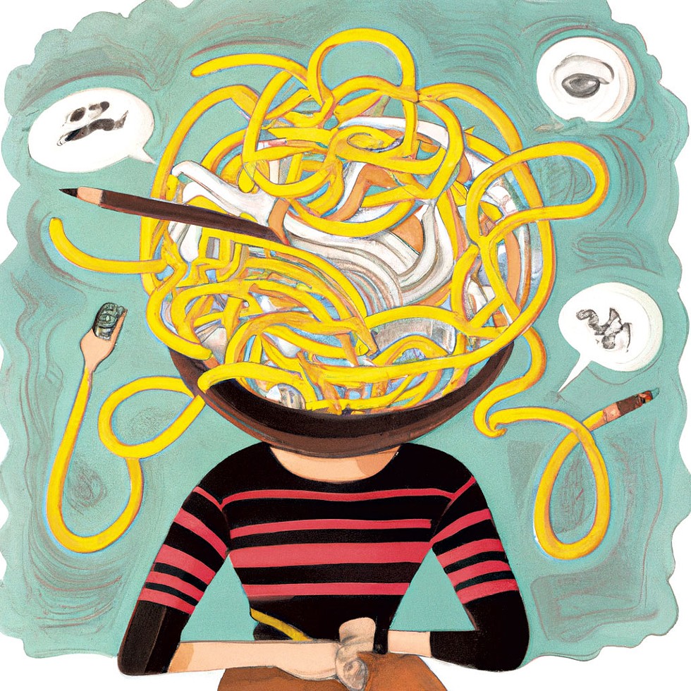Art created by AI imagery generator DALL-E in response to the prompt: "Why does writing feel like extruding pasta from my brain?" - IMAGE GENERATED BY DALL-E 2