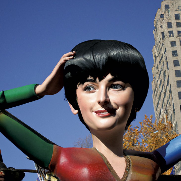 Art created by AI imagery generator DALL-E in response to the prompt: "a Macy's Thanksgiving Day parade float that looks like Enya" - IMAGE GENERATED BY DALL-E 2