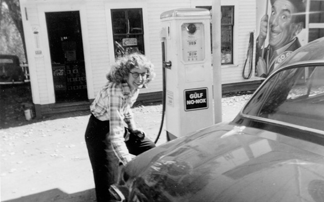Alice Smith (then Alice Goulet) pumping gas at Goulet's Garage in Washington in 1956 - COURTESY