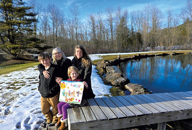 Dawn Vukas (right) with her mother, Carol Pettersen, and her children, Niko and Vera, at their home in Monkton - JOHN OLENDER