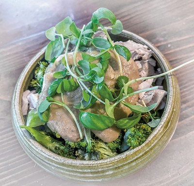 Roasted chicken and broccoli with Rhapsody miso sauce and micro basil - SUZANNE PODHAIZER
