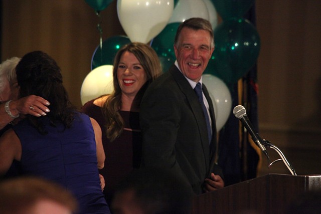 Governor-elect Phil Scott celebrating with his wife, mother and daughter Tuesday night. - MATTHEW THORSEN