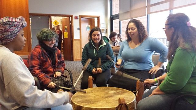 Lucy Cannon-Neel (far right) and Melody Brook (second from right) leading the drumming workshop - KYMELYA SARI