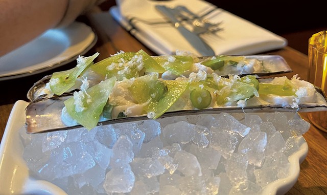 Razor clams with green tomatoes and horseradish - JORDAN BARRY ©️ SEVEN DAYS