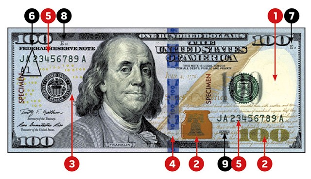 This Seven Days file illustration highlights security features in a $100 note. 1. Watermark &nbsp;2. Color-shifting ink &nbsp;3. Security thread &nbsp;4. 3D security ribbon &nbsp;5. Serial numbers &nbsp;6. Federal Reserve indicators  &nbsp;7. Note position and number  &nbsp;8. Face plate number  &nbsp; 9. Series year  &nbsp;10. Back plate number (not shown) - FILE IMAGE
