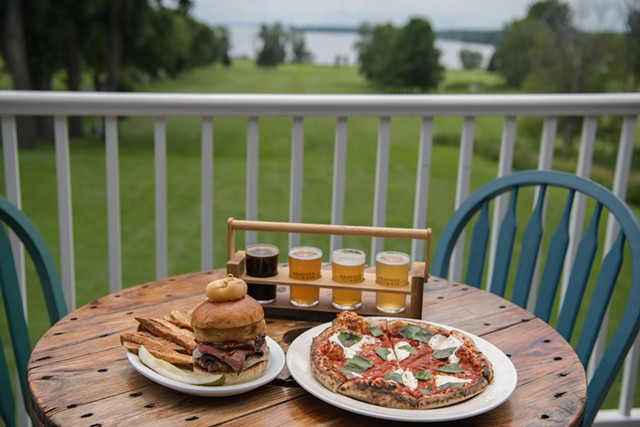 Western burger with fries, wood-fired Margherita pizza and a flight of beer at Kraemer &amp; Kin in Alburgh - DARIA BISHOP