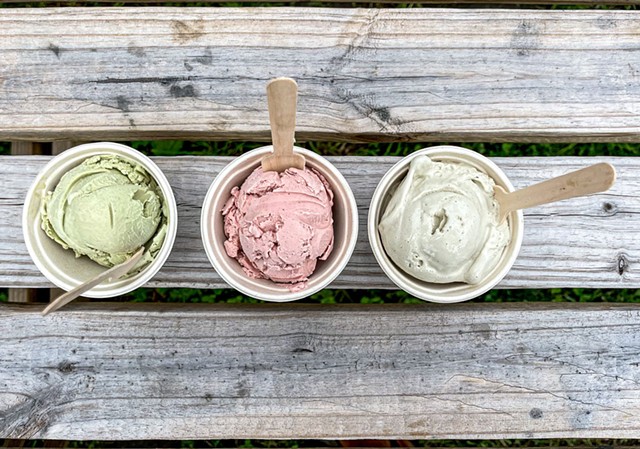 From top: cinnamon basil, sage strawberry and rosemary maple ice cream at Wilson Farm - SUZANNE PODHAIZER