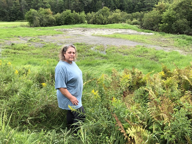 Margo Killoran, a horse breeder in Marshfield, standing in her flooded hayfield - ANNE WALLACE ALLEN ©️ SEVEN DAYS