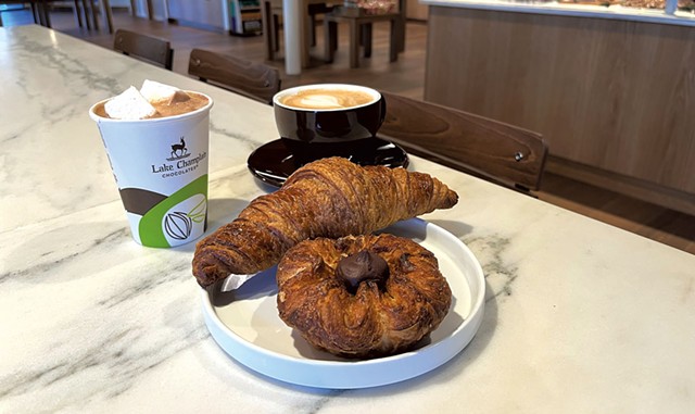 Chocolate croissant and plain croissant with Aztec mocha and latte at Lake Champlain Chocolates - JORDAN BARRY