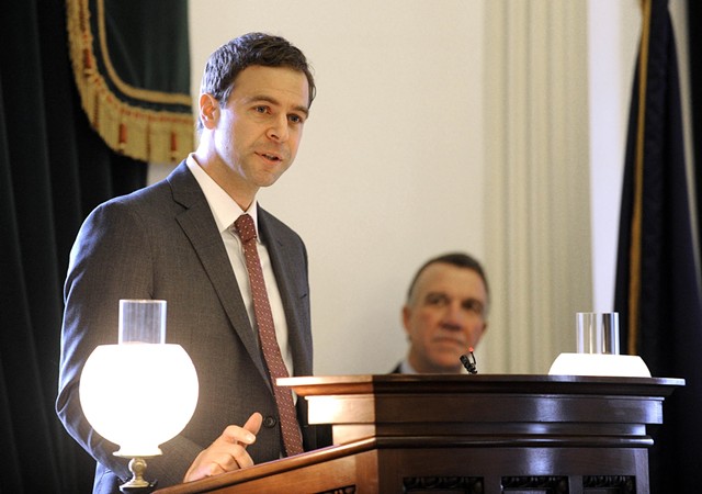 Senate President Pro Tempore Tim Ashe delivers remarks Wednesday on the Senate floor. - JEB WALLACE-BRODEUR