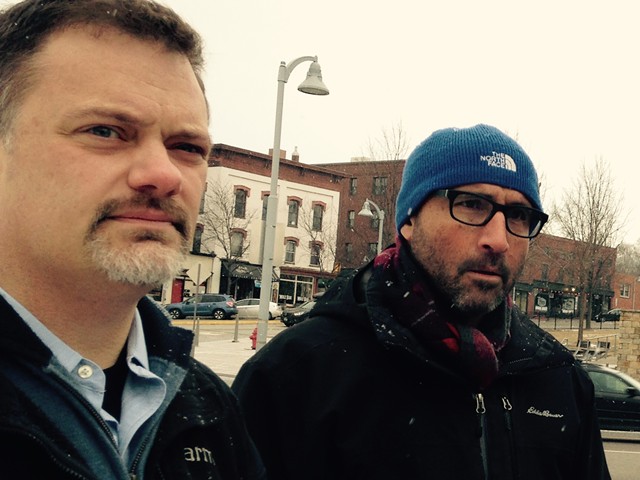 Attorney Chris Nordle (left) and hotel developer Adam Dubroff at a site walk for the proposed hotel in Winooski on Monday. - MOLLY WALSH
