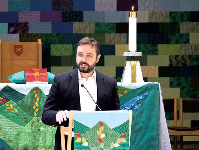 Bram Kranichfeld delivering a sermon at the Cathedral Church of St. Paul in Burlington - COURTESY OF GREG MERHAR