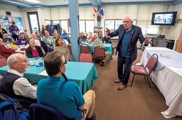 Sen. Bernie Sanders speaking with seniors at the Waterbury Area Senior Center - JEB WALLACE-BRODEUR