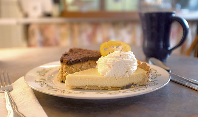 Lemon tart and sheep's milk espresso cheesecake with a latte - JORDAN BARRY ©️ SEVEN DAYS
