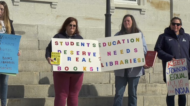 A protest against the elimination of Vermont State University library collections at the Vermont Statehouse in spring 2023 - PHOTO COURTESY DAVID BLOW, VTSU–CASTLETON