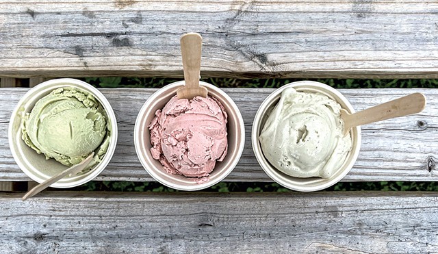 From left: Cinnamon-basil, sage-strawberry and rosemary-maple-sea salt ice cream at Wilson Farm - FILE: SUZANNE PODHAIZER