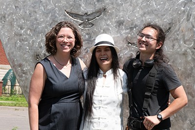 From left: Mayor Emma Mulvaney-Stanak with artists Ai Qiu Hopen and Chen Hopen - ALICE DODGE ©️ SEVEN DAYS