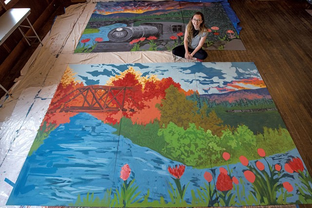 From left: Cheyenne Renee Marcus with her mural for the Lamoille Valley Rail Trail at River Arts in Morrisville; - JEB WALLACE-BRODEUR