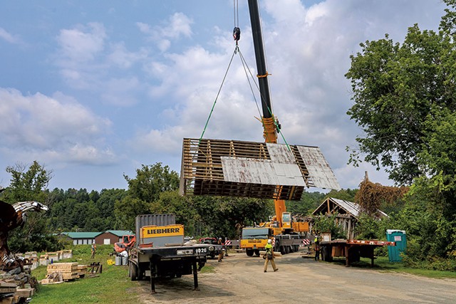 A crane removing the Sanborn Covered Bridge's roof - STEVE LEGGE