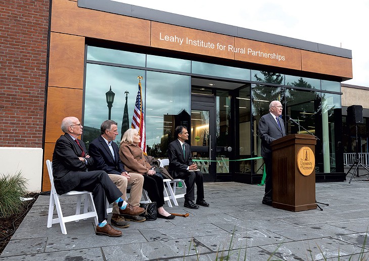 Patrick Leahy speaking at the 2023 dedication of UVM's Leahy Institute for Rural Partnerships - COURTESY