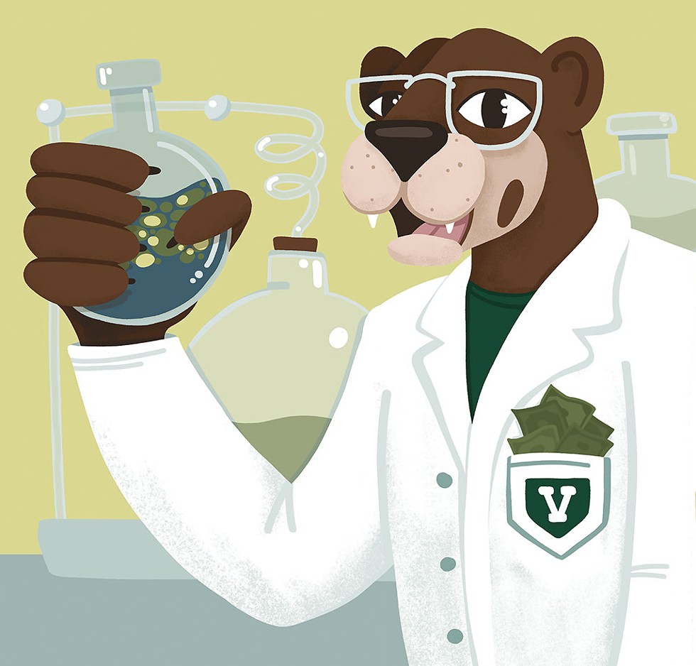 Illustration of a UVM catamount dressed in a lab coat filled with cash holding a chemistry beaker