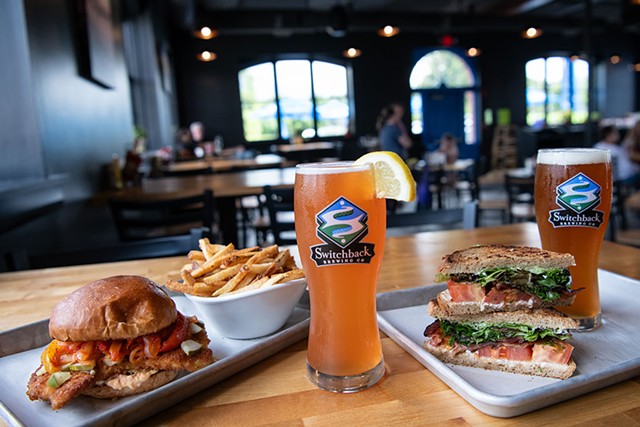 From left: Chicken Schnitzel Sandy, fries, E-Z Betty Spaghett, BLT and Switchback Ale at Switchback Brewing's Beer Garden &amp; Tap House - FILE: DARIA BISHOP