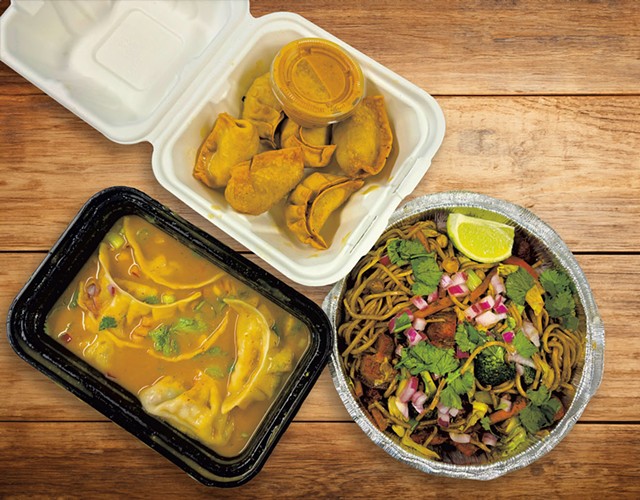 Clockwise from top: fried vegetable momos, Jhol vegetable momos, pork chow mein (table background made with AI) - AMELIA CATANZARO