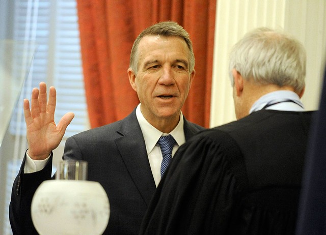 Gov. Phil Scott taking the oath of office. - FILE: JEB WALLACE-BRODEUR