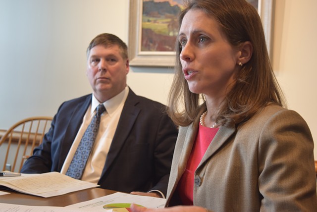 Mary Kate Mohlman, state director of health care reform, and Al Gobeille, secretary of the Agency of Human Services, talk to reporters Friday. - TERRI HALLENBECK