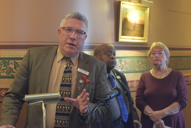 Rep. Tom Stevens (D-Waterbury) advocates for a paid family leave bill Tuesday. - TERRI HALLENBECK