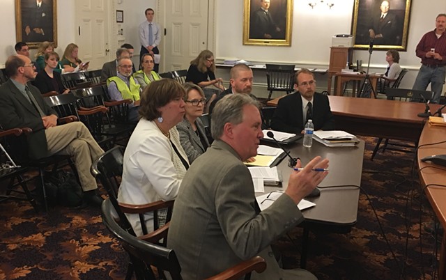 Public Service Board officials testify before LCAR. Clockwise from front: Staff attorney John Cotter, Board members Sarah Hofmann and Margaret Cheney, utilities analyst Tom Knauer, and policy analyst Kevin Fink. - JOHN WALTERS