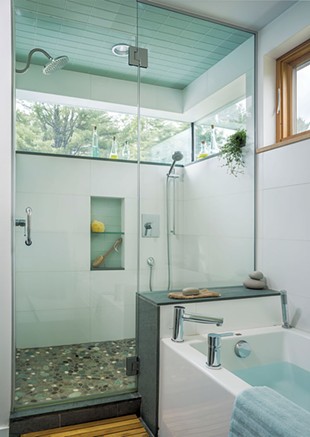 The master bedroom has a glass-enclosed shower and separate bathtub. - JIM WESTPHALEN
