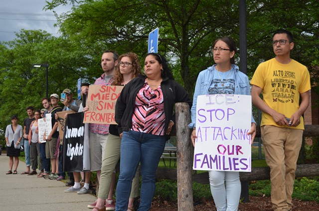 Supporters protest the arrests of Esau Peche-Ventura and Yesenia Hernández-Ramos outside the Chittenden Regional Correctional Facility. - ALICIA FREESE