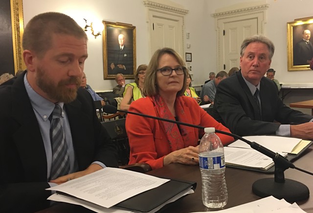 Public Service Board utilities analyst Tom Knauer (left), PSB member Margaret Cheney and PSB staff attorney John Cotter testify before LCAR on Thursday. - JOHN WALTERS