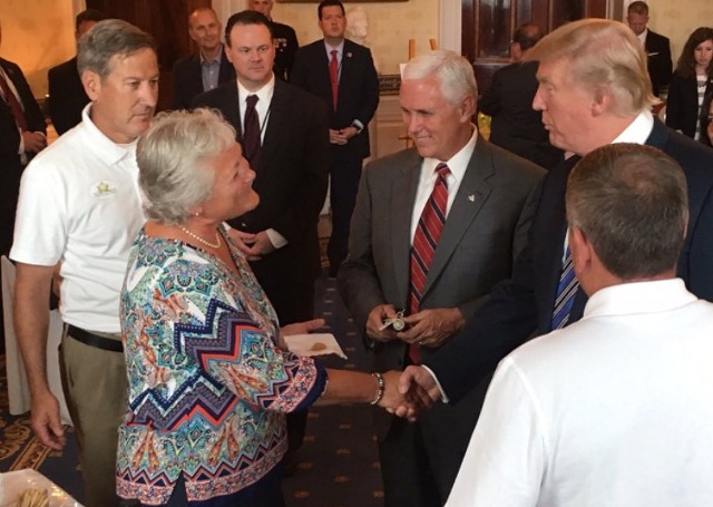 Marianne Dubie greets President Donald Trump and Vice President Mike Pence at the White House on Monday as Brian Dubie (left) and Mark Dubie (right) look on. - COURTESY BRIAN DUBIE