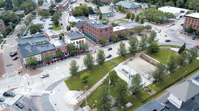 Aerial view of Winooski's Main Street and notorious roundabout - JAMES BUCK