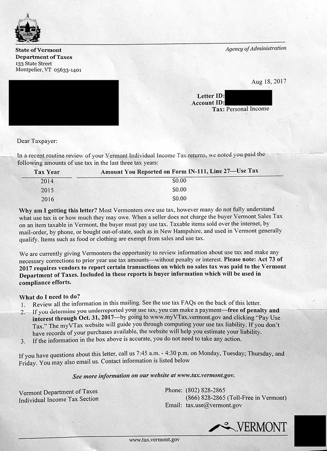 Vermont Tax Department Sends Letters Seeking Unpaid Sales Tax