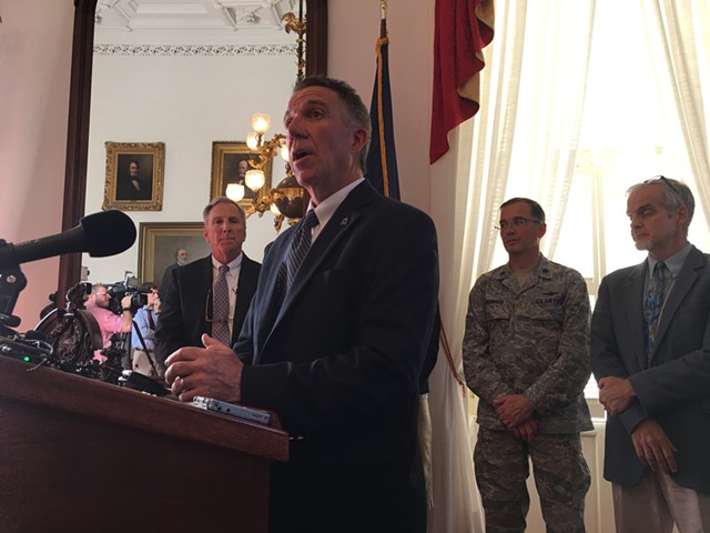 Gov. Phil Scott speaks to reporters at his cybersecurity press conference Tuesday. - JOHN WALTERS