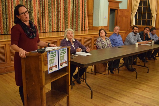 Chittenden County senators listen as Agency of Natural Resources Secretary Julie Moore speaks Tuesday night at a forum in Shelburne. - TERRI HALLENBECK