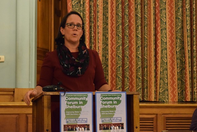 Agency of Natural Resources Secretary Julie Moore speaks Tuesday night at a forum in Shelburne sponsored by the Chittenden County Senate delegation. - TERRI HALLENBECK