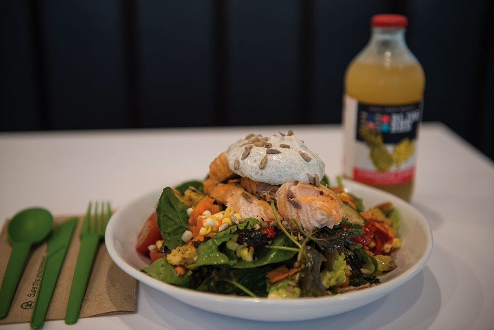 Salmon salad and a pineapple ginger Bliss Bee soda - DARIA BISHOP