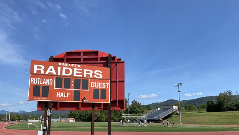 The scoreboard at Rutland High School in the fall of 2021