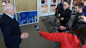 U.S. Sen. Patrick Leahy (D-Vt.) speaks to the media at Burlington International Airport Sunday.