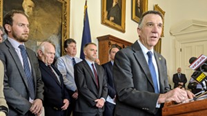 Gov. Phil Scott with (from left) Agency of Natural Resources Deputy Secretary Peter Walke and Bennington County Senators Dick Sears and Brian Campion.
